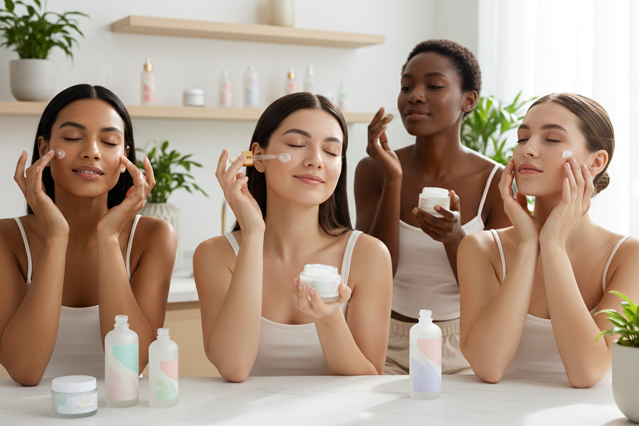 hazme una imagen de mujeres usando productos de skincare