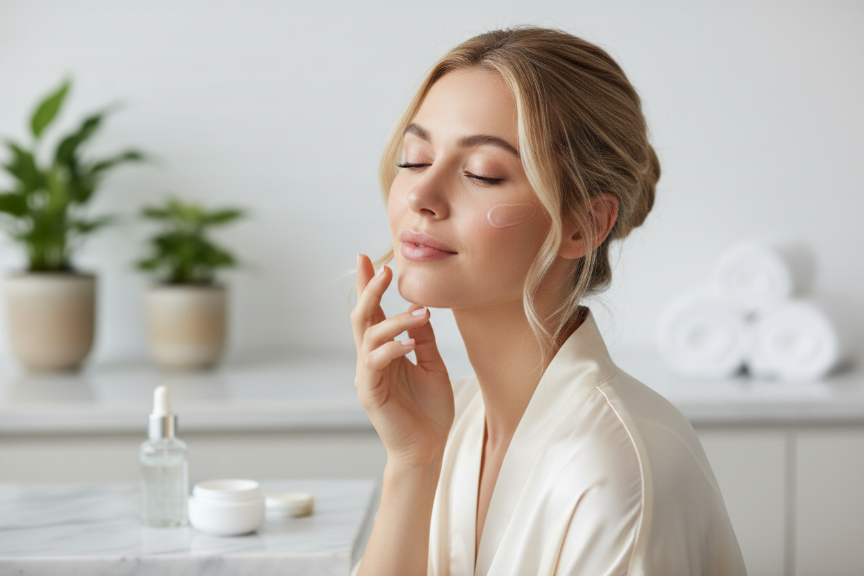 Hazme una mujer usando un producto de skincare 