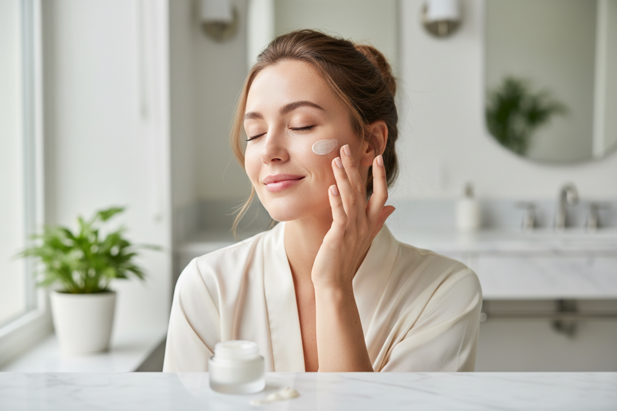 Hazme una mujer usando un producto de skincare